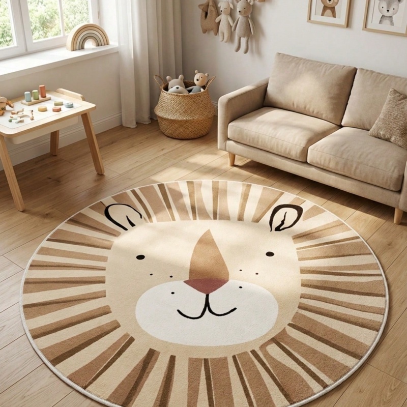 Soft Rug Nursery - Minimalist Cartoon Lion Face Kids Round